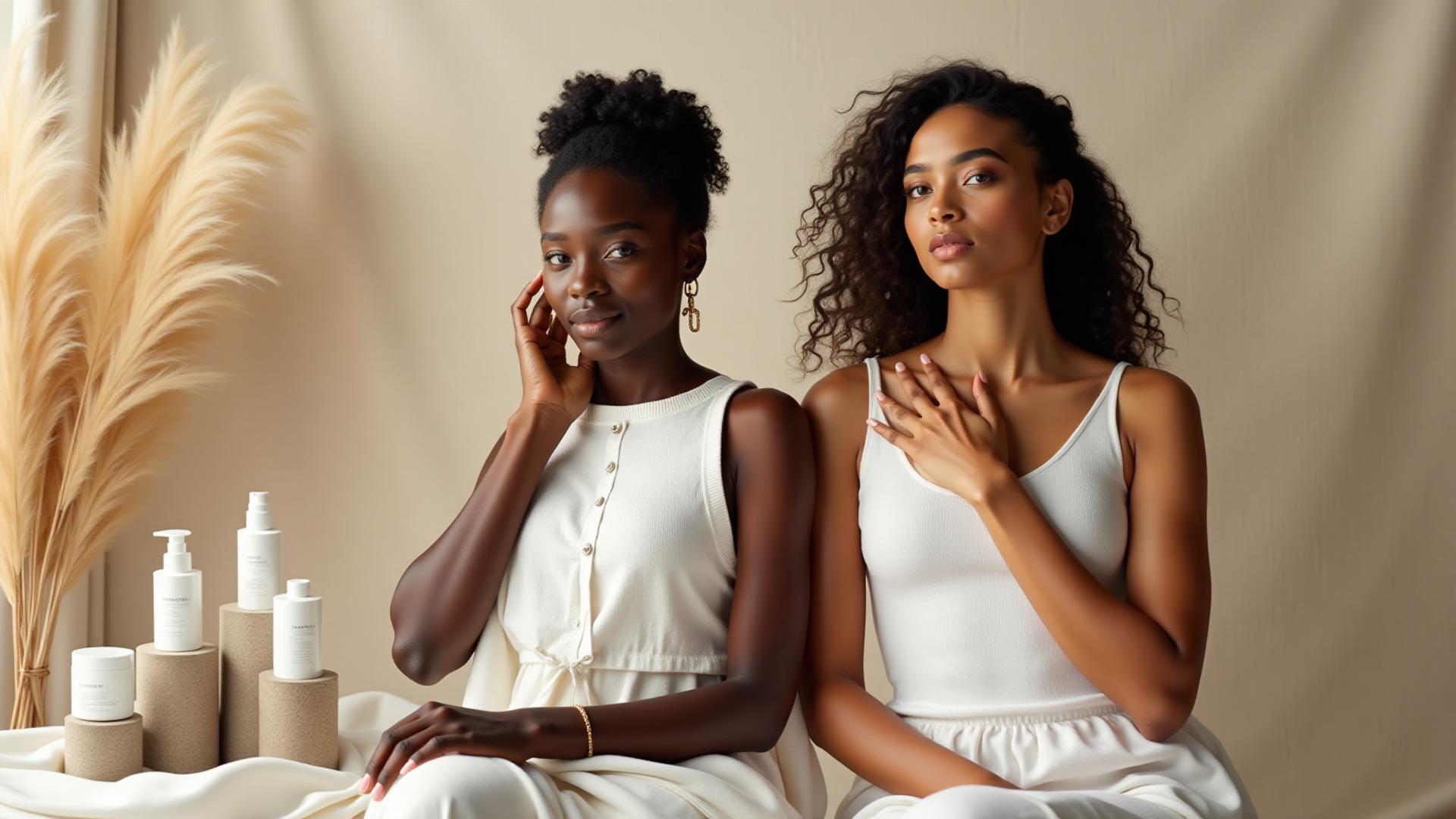 Two women with melanin-rich skin and textured hair in warm natural light